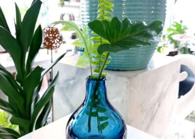 Plants in a beautiful blue vase.